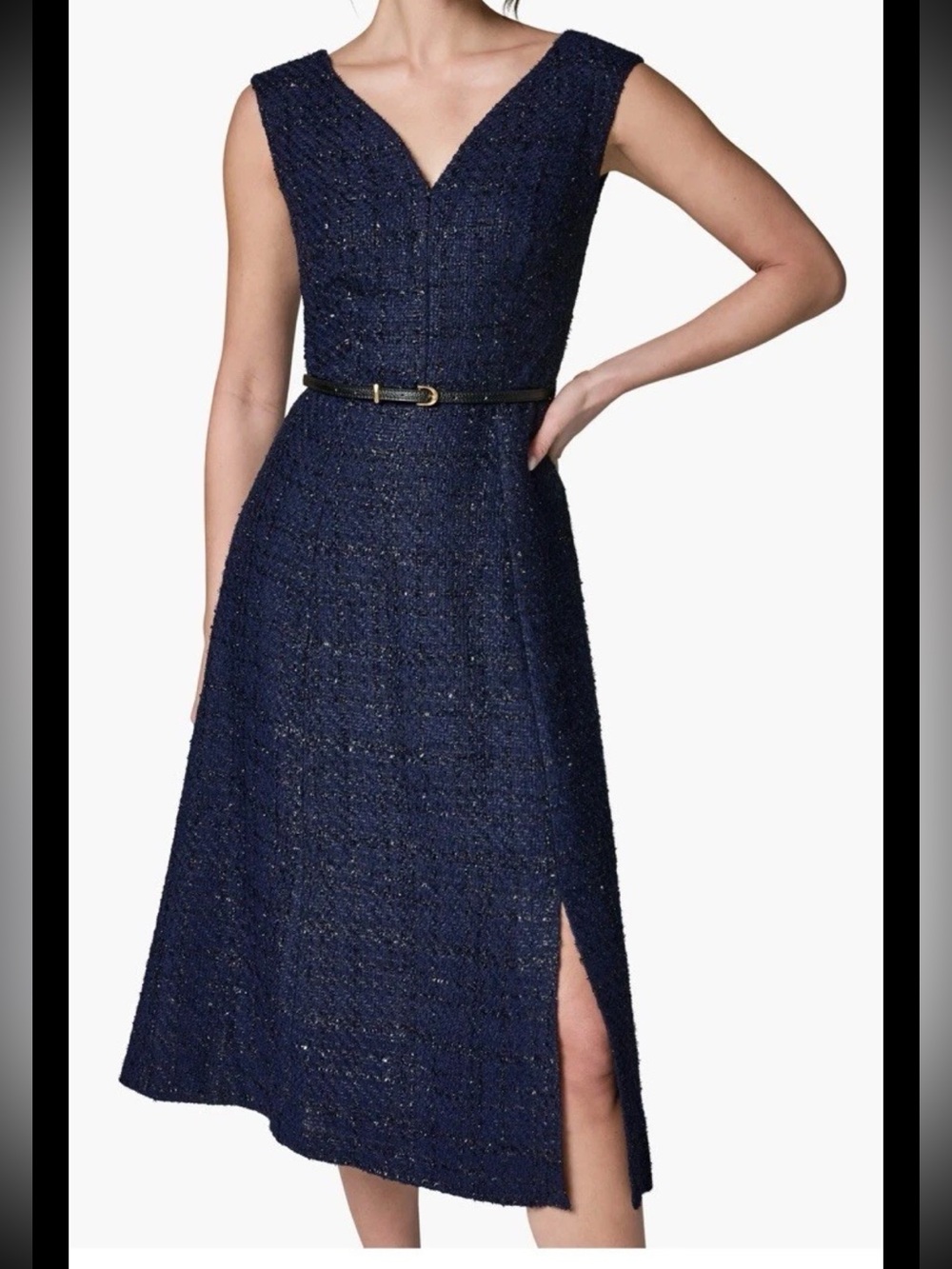 Donna Karan Plaid Metallic Tweed Midi, Belted Dress, Sz 10,New without tag,Navy